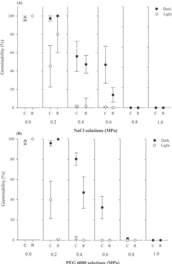 Fig. 1 - Germinability (%) of Calotropis procera (Ait.) R. Br. (Apocynaceae) seeds from Caatinga (C) and  Restinga (R), northeastern Brazil, subjected to saline (A) and water stress (B) in light and darkness at 30°C  after 35 days