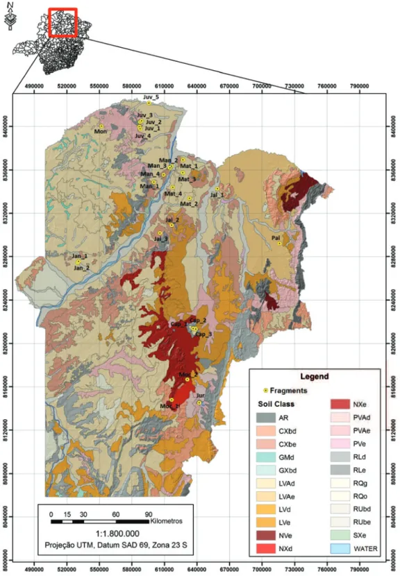 Figure 1 - Exploratory soil map (predominant soil class in associations) indicating the location of 26 fragments of dry forests  sensu stricto (DF) in northern Minas Gerais incorporated into the database