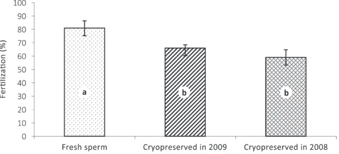 Fig. 2 - Fertilization rates (mean ± SE.) with fresh sperm and cryopreserved sperm of eggs from one mutton snapper female  spawned in 2009