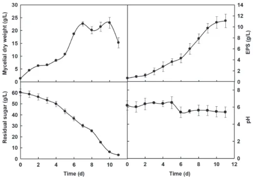 Fig. 2 - Rheological properties of P. geesteranus 5 #  mycelial broth over the fermentation period: apparent viscosity of whole  fermentation broth (A); rheographs for fermentation broth (shear stress vs
