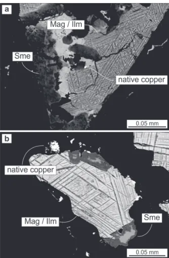 Figure 7 - Back-scattered electron images. a, b) Relationship  between magnetite-ilmenite, smectite and native copper in the  paralava