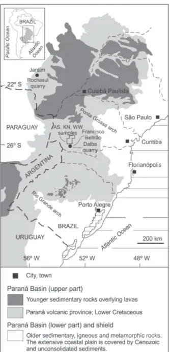 Figure 1 - Geological map of the southeastern portion of  South America, highlighting the Paraná Basin, Paraná volcanic  province (light grey)