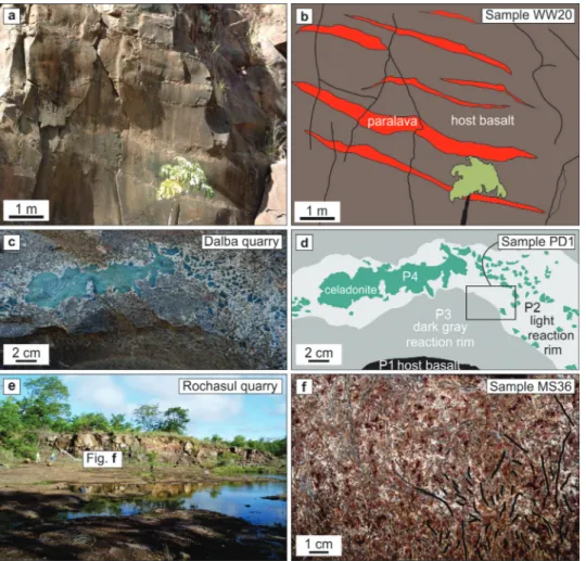 Figure 2 - Field photos of paralava outcrops in the Paraná volcanic province. a) Outcrop in  northwestern Paraná state showing the paralava sills and the host basalt