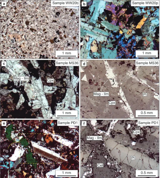Figure 3 - Photomicrographs of paralavas. a) Sample WW20b showing the texture of the host basalt