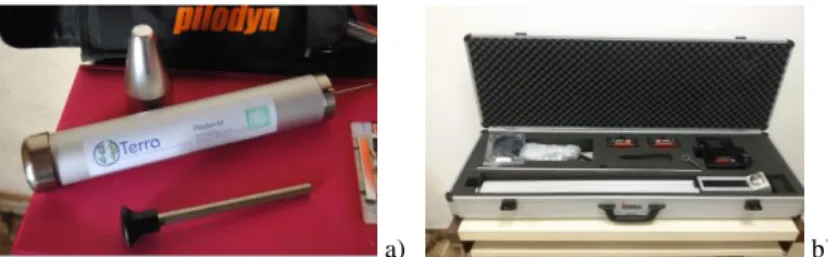 Figure  4. a) Impact resistance test device: Pilodyn®- Model 6J b) Drill resistance test device: Model IML Resi PD 500 