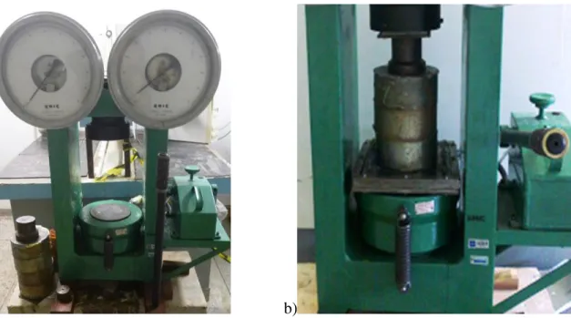 Figura 31 - Prensagem para produção do compósito: a) prensa hidráulica; b) fôrma prensada 