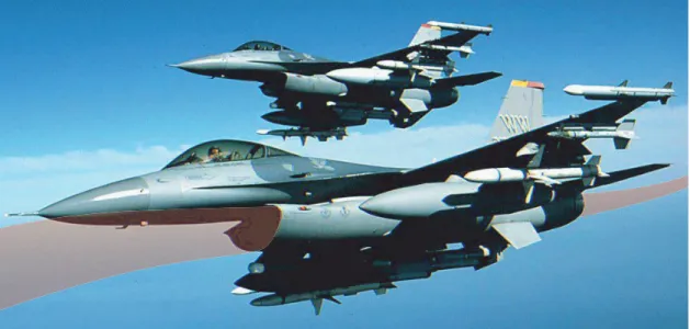 Figura 32, ilustração do fluxo  aerodinâmico acelerado na  entrada de ar de um F-16  (Montenegro, 2013); Imagem  original, NASA, todos os  direitos reservados (1995),  F-16 Fighting Falcon,  consultado em Julho de  2012; Inspiração de casos análogos