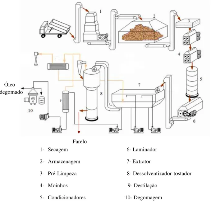 Figura 3.3 –  Fluxograma do processo de obtenção do óleo degomado e do farelo de soja  (adaptado de Fernandes Júnior, 2009) 