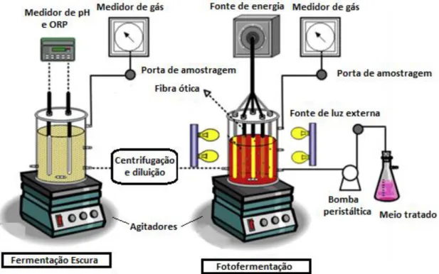 Figura 3.7  Esquema do processo combinando fermentação escura e fotofermentação   Fonte – Adaptado de Chen, et al