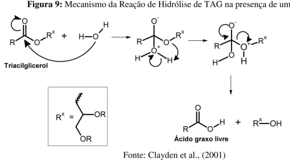Figura 9: Mecanismo da Reação de Hidrólise de TAG na presença de umidade. 