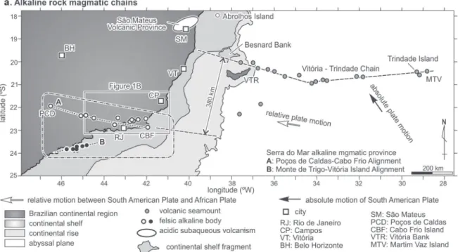 Figure 1 - Locality map for the Cretaceous to Early Cenozoic felsic alkaline intrusive bodies of the state of Rio de Janeiro,  modified from Sichel et al