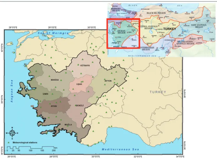 Figure 1 - The location of the study area (The Aegean Region, Turkey) and spatial distributions of the meteorological stations.
