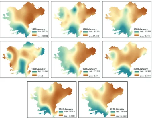 Figure 4 - The Ordinary Kriging interpolation results of the precipitation data for the month of  January (For the years of 1975, 1980, 1985, 1990, 1995, 2000, 2005, and 2010).