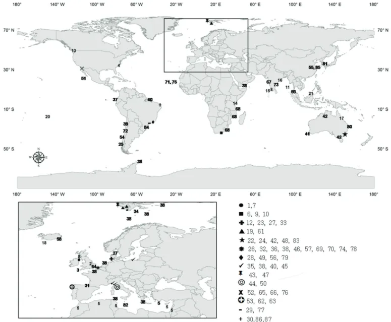 Figure 1 - Global distribution of sandy beach meiofauna studies after 1970 (for studies before 70’ see Heip et al