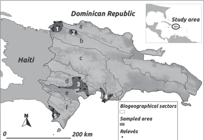 Figure 1 - Location of the phytosociological relevés conducted in the study area: (1) Relevés 41, 42, 43, 54, 55, 56, 57, 58,  59, 60, 61, 62, 63, 64, 65, 66, 67, 68, 69