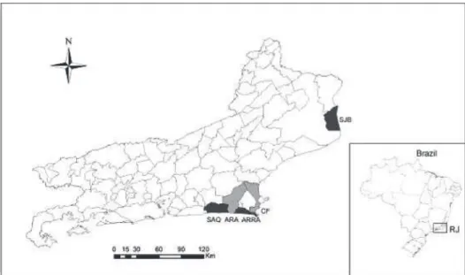 Figure 1 - Location of sites of collection in restinga vegetation from Rio de Janeiro state, Brazil