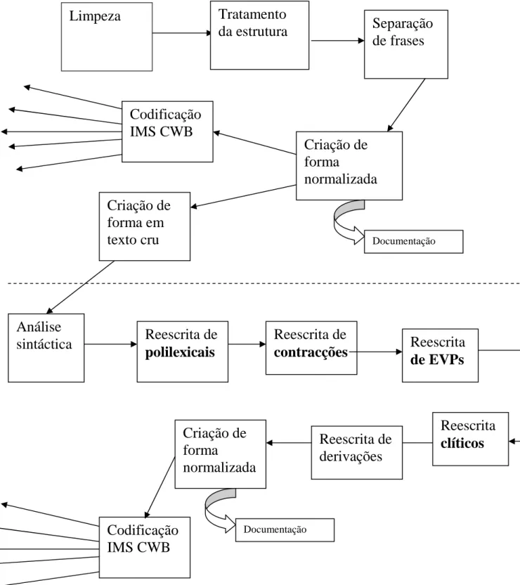 Figura  8: Processamento técnico envolvido nas duas fases do AC/DC (corpora crus, corpora  anotados) Limpeza Tratamento da estrutura   Separação de frases Criação de forma normalizada Codificação IMS CWB Criação de  forma em texto cru Análise sintáctica  R