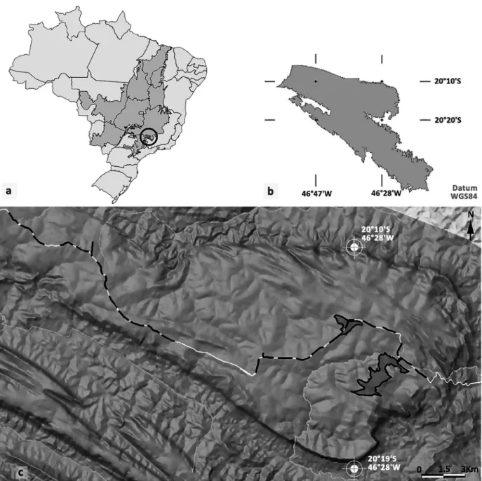 Figure 1 - Location of the study area. (a) Political map of Brazil, with the Cerrado biome highlighted