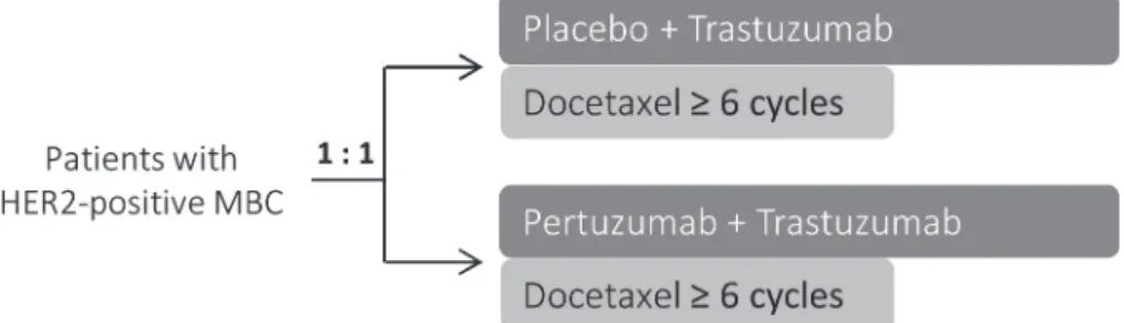 Figure 3 - the cleoPatra study design.  The trial evaluated the efficacy of adding  pertuzumab to trastuzumab plus docetaxel for the first-line treatment of HER2-positive  metastatic breast cancer