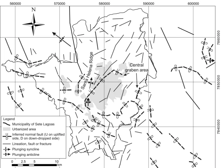 Figure 11 - Schematic map showing structural features. A graben area inferred by lithologic well pro ﬁ  les is located in the central  portion of the municipality of Sete Lagoas, where the urbanized area is majority located within this graben area