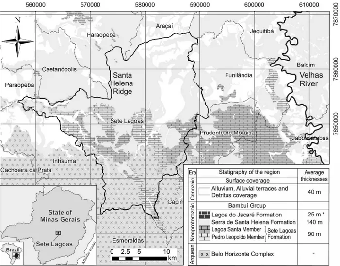 Figure 1 - Location map of the study area and the stratigraphic column showing the lithologies found and its respective average  thicknesses (modi ﬁ  ed from Tuller et al