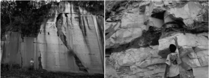 Figure 3 - Sub-vertical fractures (left, UTM: 565445/7851910) and bedding plane dissolution, most frequently observed,  ﬁ  lled  with terrigenous sediments (right, UTM: 563101/7853620).