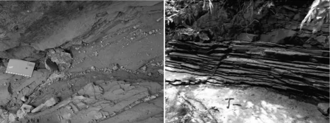 Figure 5 - Quartz veins in sub-vertical fracture systems in phyllites layers (top of the Santa Helena ridge - left, UTM: 