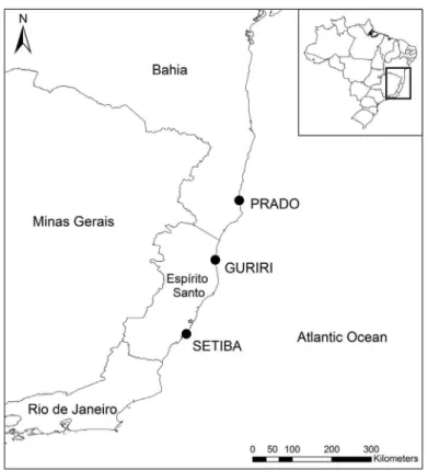 Figure 1 - Map showing restinga habitats where Phyllodytes luteolus  were collected: Guriri (18°41’S and 39°45’W) and Setiba (20°35’S  and 39°13’W), in the state of Espírito Santo, and Prado (17°18’S and  39°13’W), in the state of Bahia.