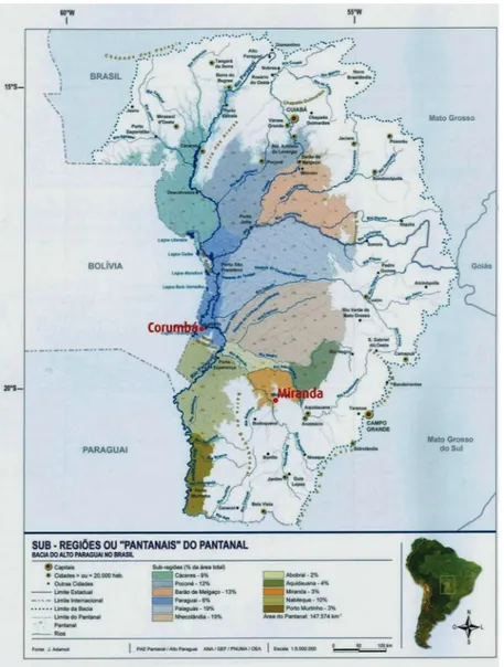 Figura 2 - The Pantanal region, in the Upper Paraguay River Basin (Mato Grosso  do Sul and Mato Grosso States), with indication of the study area - Corumbá and  Miranda towns