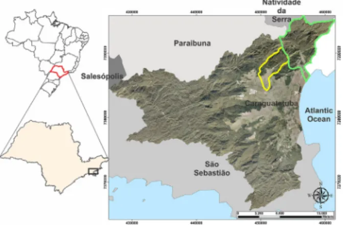 Figure 1 - Location of the study area. The aim of study is  located in the yellow (Canivetal River Basin) and green (Santo  Antônio River Basin).