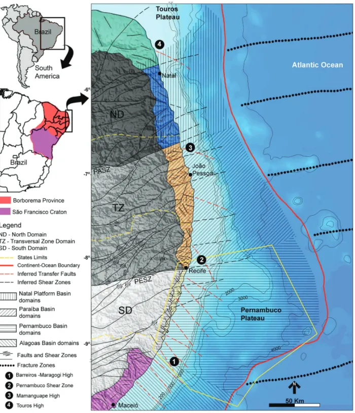 figure 1 - Location of the Pernambuco Basin (PEB) on the eastern border of Borborema Province (BP)