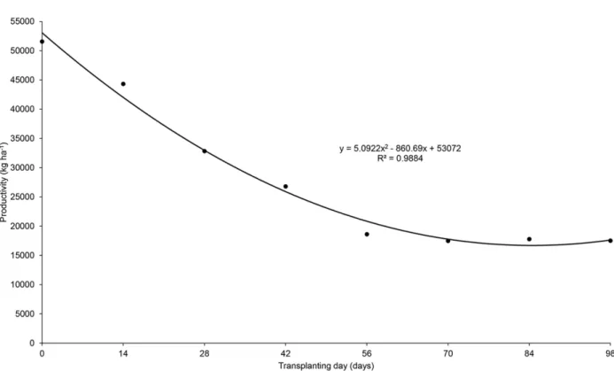 Figure 2 - Total yield of spinach ‘Nova Zelândia’ as function of the time of their transplant in relation to kale.