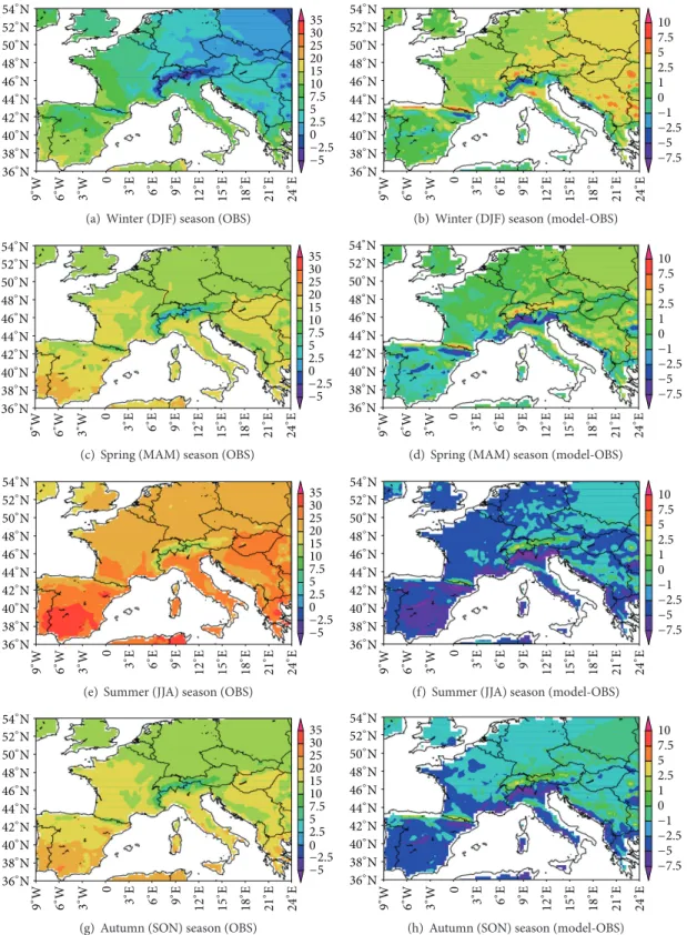 Figure 6: 60-year mean seasonal maximum temperatures at 2 m height (left panel from OBS and right panel from model-OBS)
