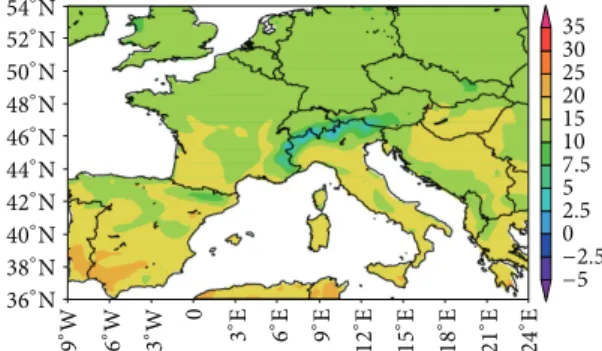 Figure 3: 60-year daily maximum temperatures at 2 m height. (a) Mean from OBS and (b) mean from model and (c) normalized BIAS (%), (d) normalized MAE (%), (e) normalized STDEV (%), (f) normalized RMSE (%), (g) correlation coefficient, and (h) Nash-Sutcliff