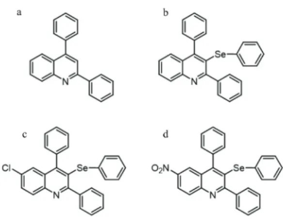 Figure 1 -  Chemical structure of quinoline derivatives. (a)  2,4-diphenylquinoline; (b) 2,4-diphenyl-3-(phenylselanyl)  quinoline; (c) 6-chloro-2,4-diphenyl-3-(phenylselanyl)  quinoline; (d) 6-nitro-2,4-diphenyl-3-(phenylselanyl)  quinoline.