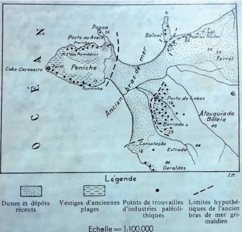 Fig. 1. Cartografia segundo Breuil &amp; Zbyszewski (1945),  das antigas praias, dunas eólicas e depósitos sedimentares  recentes, bem como dos sítios onde se encontraram  indús-trias paleolíticas na zona costeira de Peniche - Atouguia da  Baleia