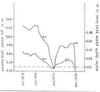 Fig.  5  Average  weekly  swamp  leveis  and  watt..- watt..-depths  (above  peat  leve!)  at  location  A  (fig 