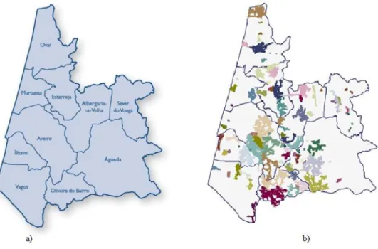 Figura 10 – Distrito de Aveiro: a) Municípios constituintes; b) Área de intervenção da AdRA, com identificação  dos 67 subsistemas de drenagem (adaptado de (AdRA, s.d.))