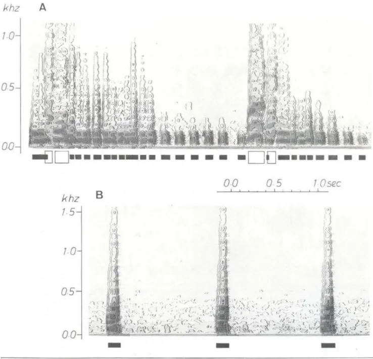 Fig  3  - Sonogramas  dos  sons  de  Dor as  sp.:  símbolos  abertos  (abaixo  dos  sonogramas) :  sons  estridentes