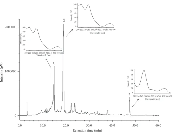 Figure 3: Chromatogram of hydroalcoholic extract of the leaves of T. catappa dissolved in MeOH : H 2 O (1 : 1 v/v), at 10 mg/mL