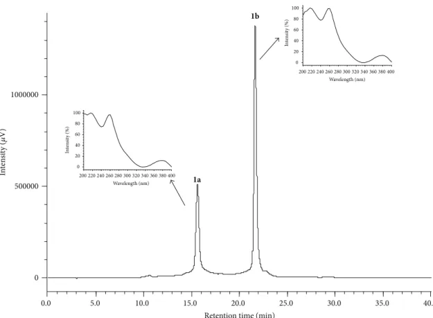Figure 5: Chromatogram peak 1a ( �-punicalagin) and peak 1b (�-punicalagin) collected from H 2 O : MeOH (8 : 2 v/v) at 10 mg/mL of the leaves of T