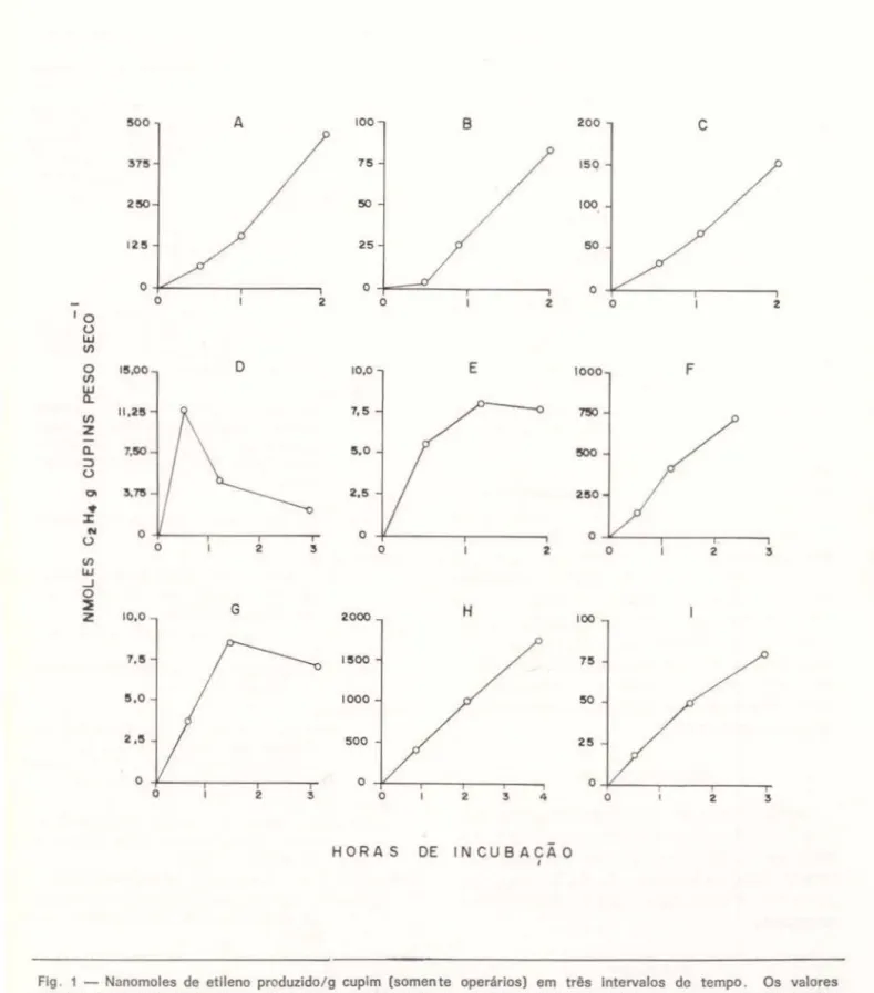 Fig .  1 - Nanomoles  de  etileno  produzido/ g  cupim  (somente  operários)  em  três  intervalos  do  tempo 