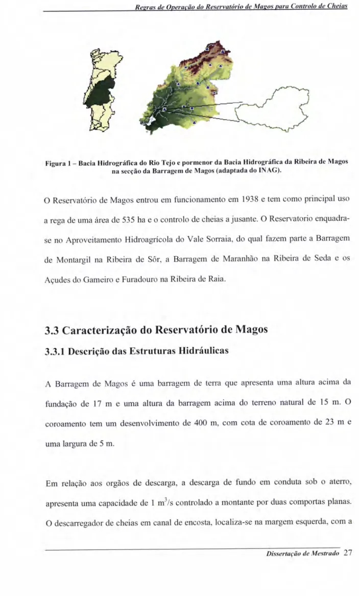 Figura  I  -  Bacia  Hidrográfica  do  Rio Tejo  e  pormenor  da Bacia  Hidrográfica  da  Ribeira  de  Magos na secção da  Barragem  de Magos  (adaptada  do  INAG).