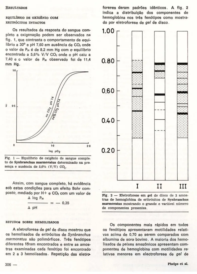Fig. 1 — Equilíbrio de oxigênio de sangue comple- comple-to de Synbranchus marmoratus determinado na  pre-sença e ausência de 5,6% (V/V)  C 0 2 