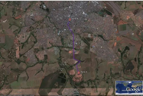 Figura 1 - Uberlândia (MG): distância entre as os pontos A e B - 8,6 Km -, respectivamente  entre os novos loteamentos populares e o centro da cidade (2010) 