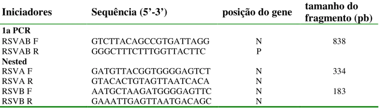 Tabela I: Oligonucleotídeos utilizados na RT-PCR para subgrupagem do VRS  Iniciadores  Sequência (5’-3’)  posição do gene  tamanho do 