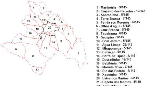 Figura  1.  Mapa  de  Uberlândia  (Minas  Gerais  –   Brasil)  mostrando  a  divisão  geográfica do Município em Conselhos e a quantidade de amostras  coletadas por local