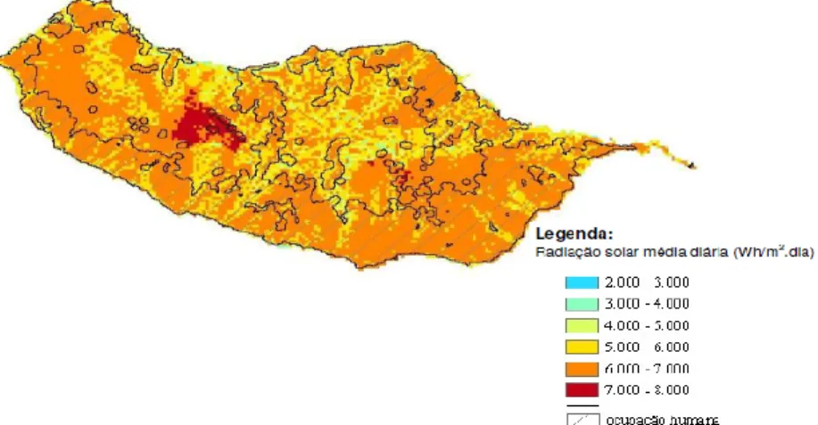Figura 2.3 – Radiação média diária na ilha da Madeira durante o mês de julho [8] 