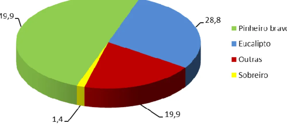 Figura 3 – Distribuição por espécie florestal, em valores percentuais (%) das áreas arborizadas ao abrigo  do Projeto Florestal Português [Adaptado de MENDES e FERNANDES (2007)] 