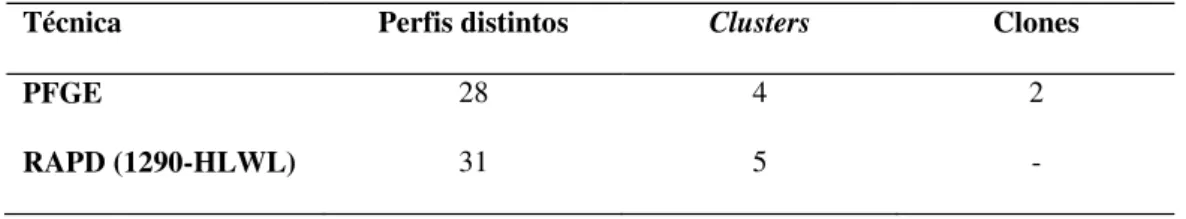 Tabela 3: Comparação dos resultados da análise dos dendrogramas obtidos pelas técnicas PFGE e RAPD de 42 cepas de C